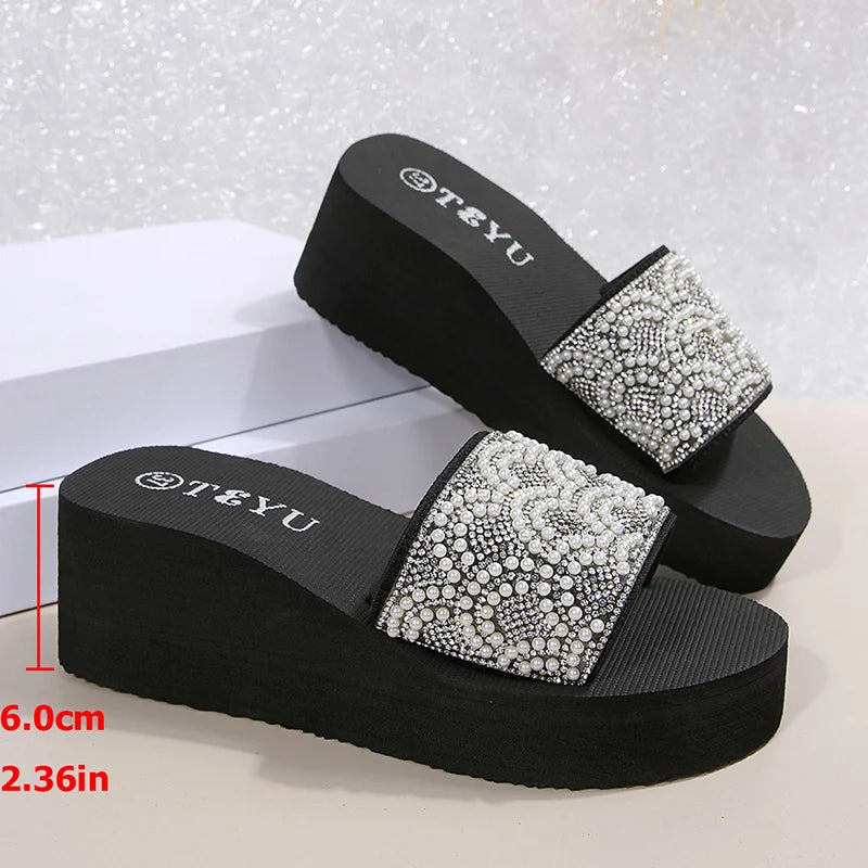 Women's Pearl Decor Platform Sandals Women 2026 Summer Thick Sole Wedge Mule Slippers Woman Light Non Slip Eva Beach Slippers