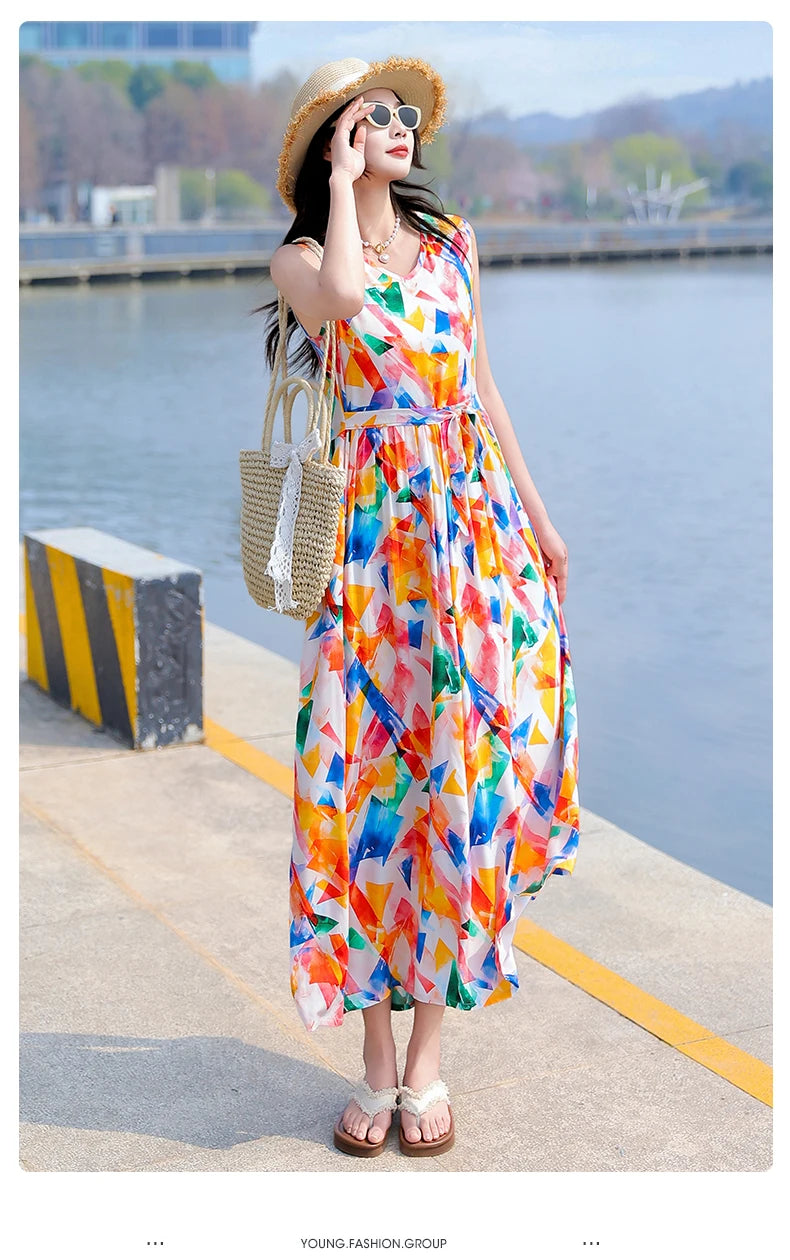 Spring Summer Dresses Fashion Female Sleeveless printed Casual Dress Women A-line Dresses Vestidos