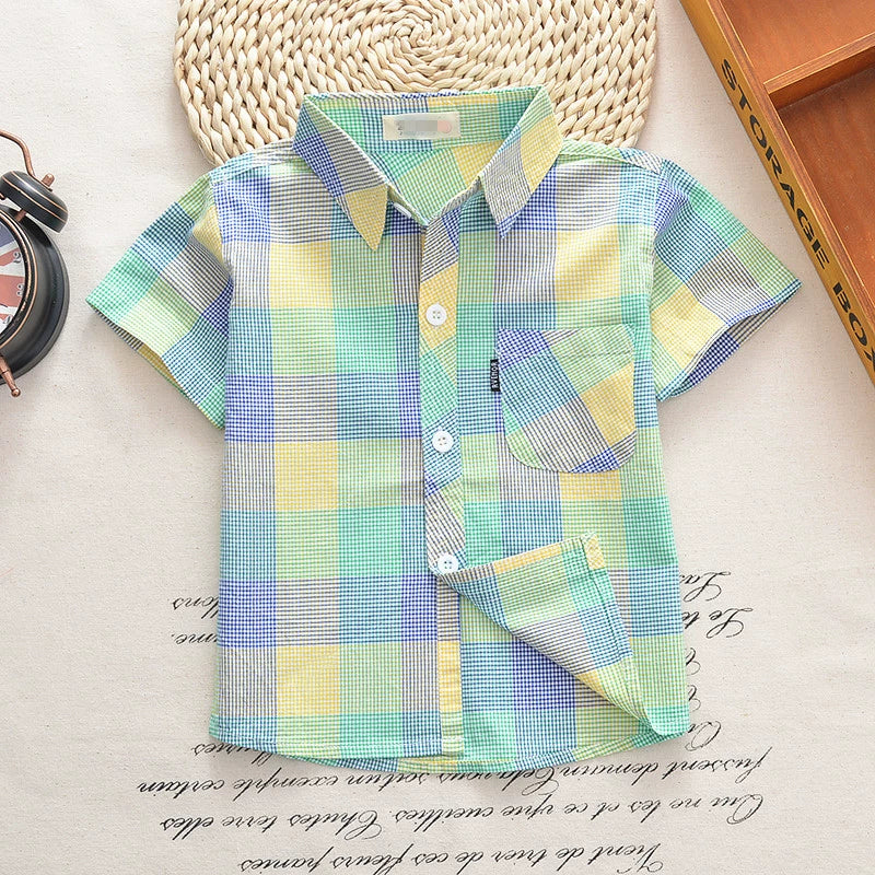 Summer Breathable Cotton Check Thin Boys Short Sleeve