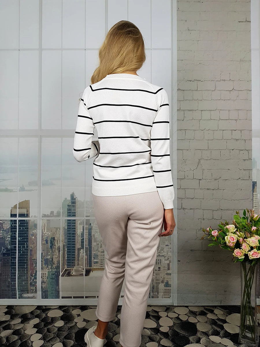 2022 Autumn Winter Long Sleeve Striped Pullover Women Sweater Knitted Sweaters O-Neck Tops Korean Pull Femme Jumper Female White