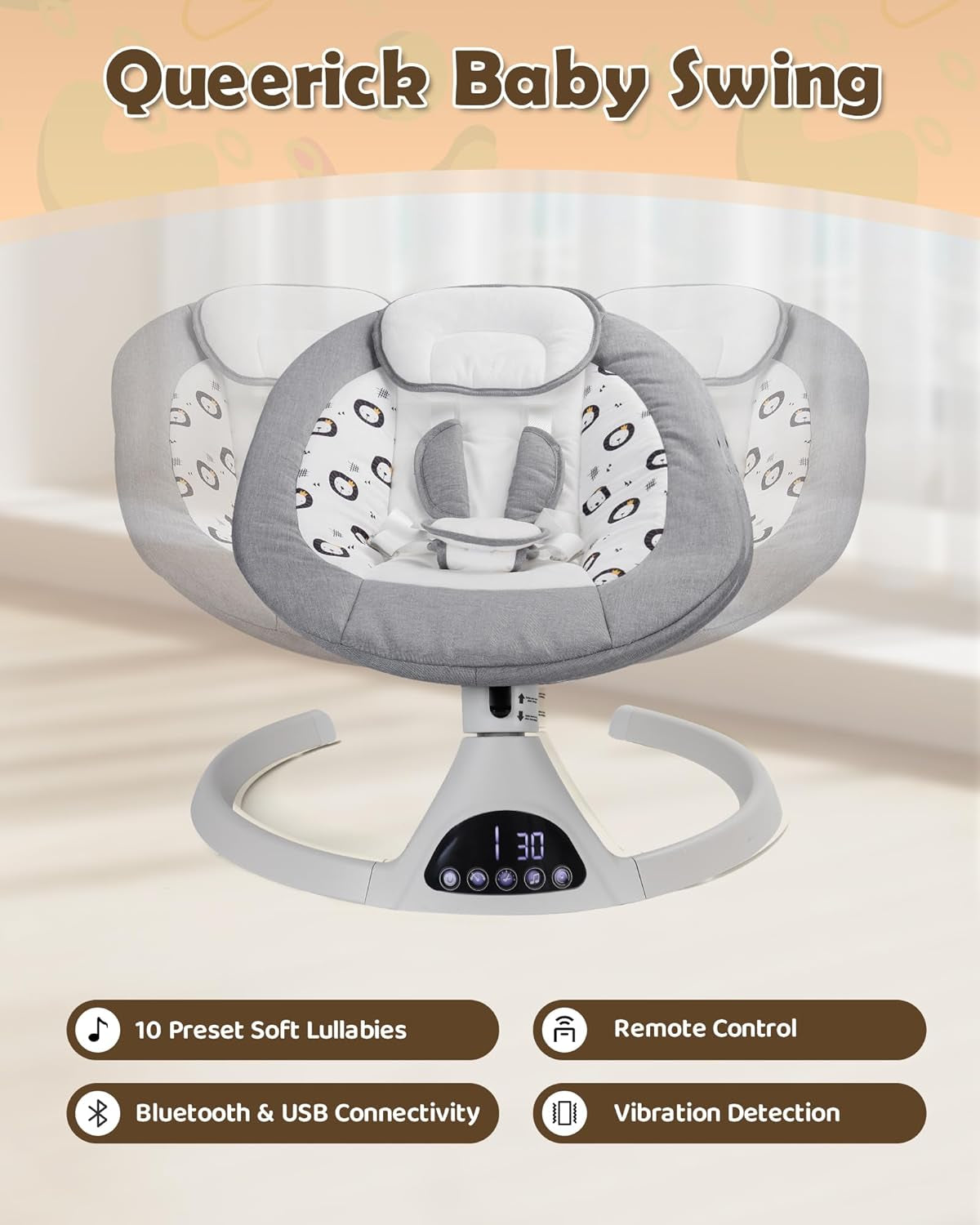 Baby Swing for Infants to Toddler Portable Babies Swing Timing Function 5 Swing Speeds Bluetooth Touch Screen Music Speaker with 10 Preset Lullabies 5-Point Carabiner Gray