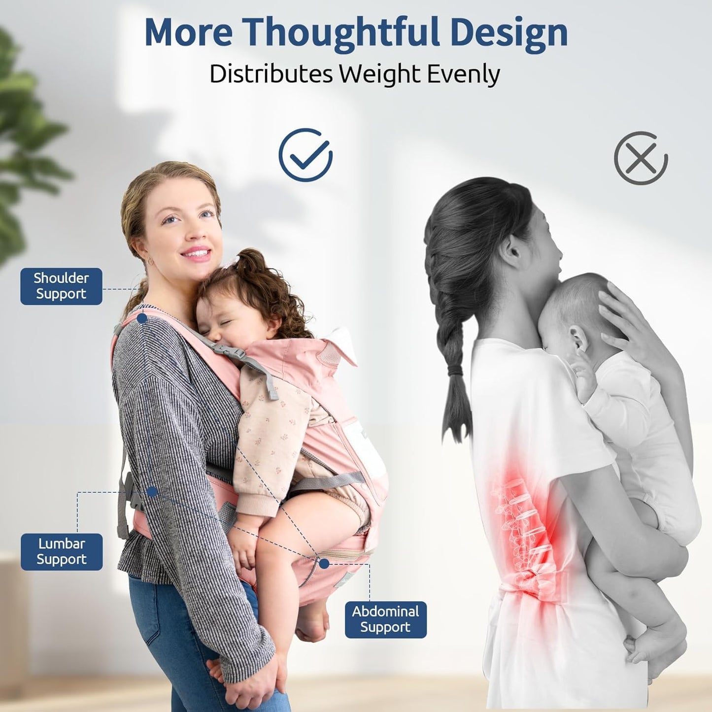 Baby Carrier with Hip Seat,Ergonomic M Position 6In1 Baby Carrier Newborn to Toddler,Head Support and Breathable Mesh Newborn Carrier,Adjustable Baby Holder Carrier for Dad&Mom-Pink