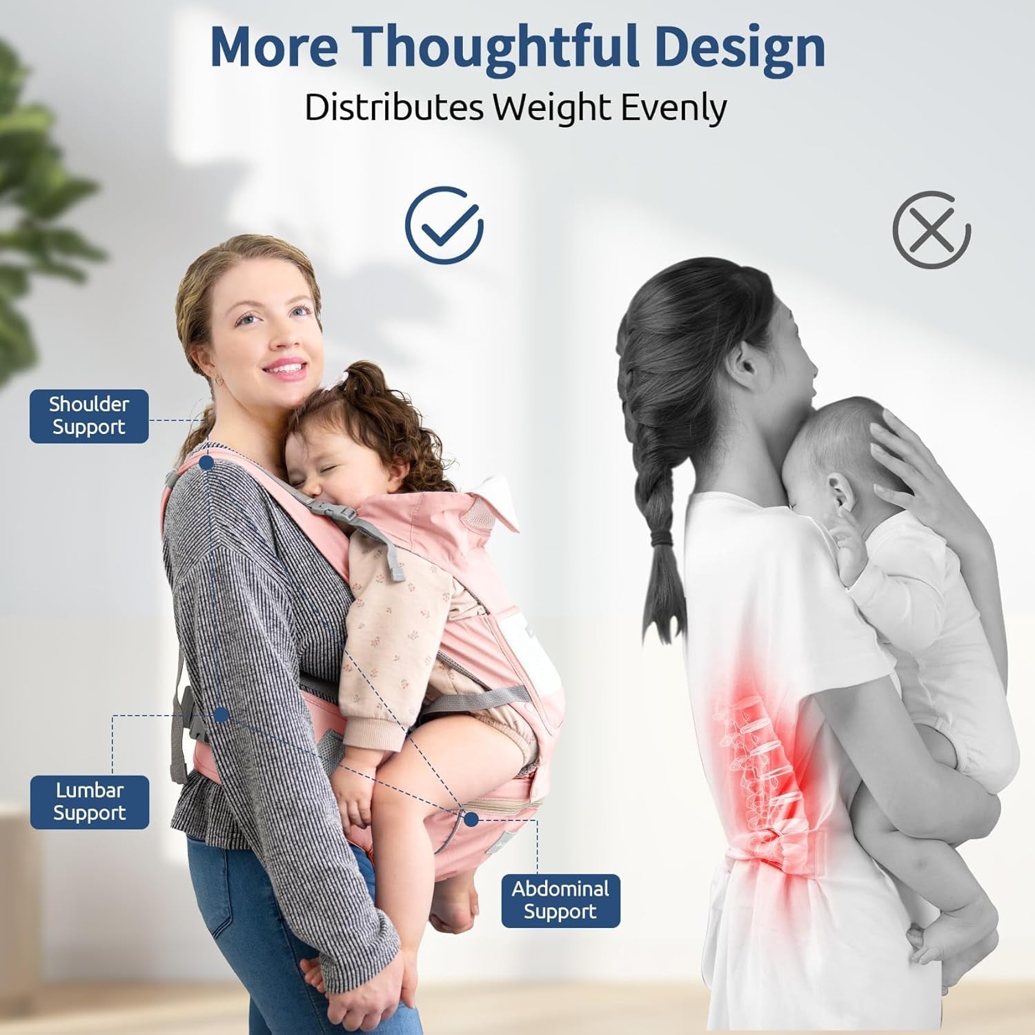Baby Carrier with Hip Seat,Ergonomic M Position 6In1 Baby Carrier Newborn to Toddler,Head Support and Breathable Mesh Newborn Carrier,Adjustable Baby Holder Carrier for Dad&Mom-Pink
