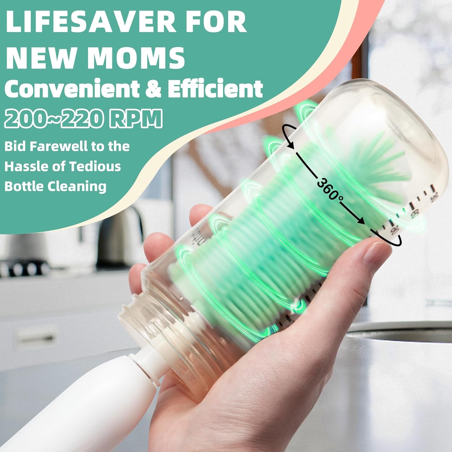 Electric Bottle Brush Cleaner, Rechargable Electric Baby Bottle Brush for Travel, Waterproof Electric Bottle Cleaner Set with Nipple & Straw Brush, Perfect Essentials Gift for Mom after Birth, Green