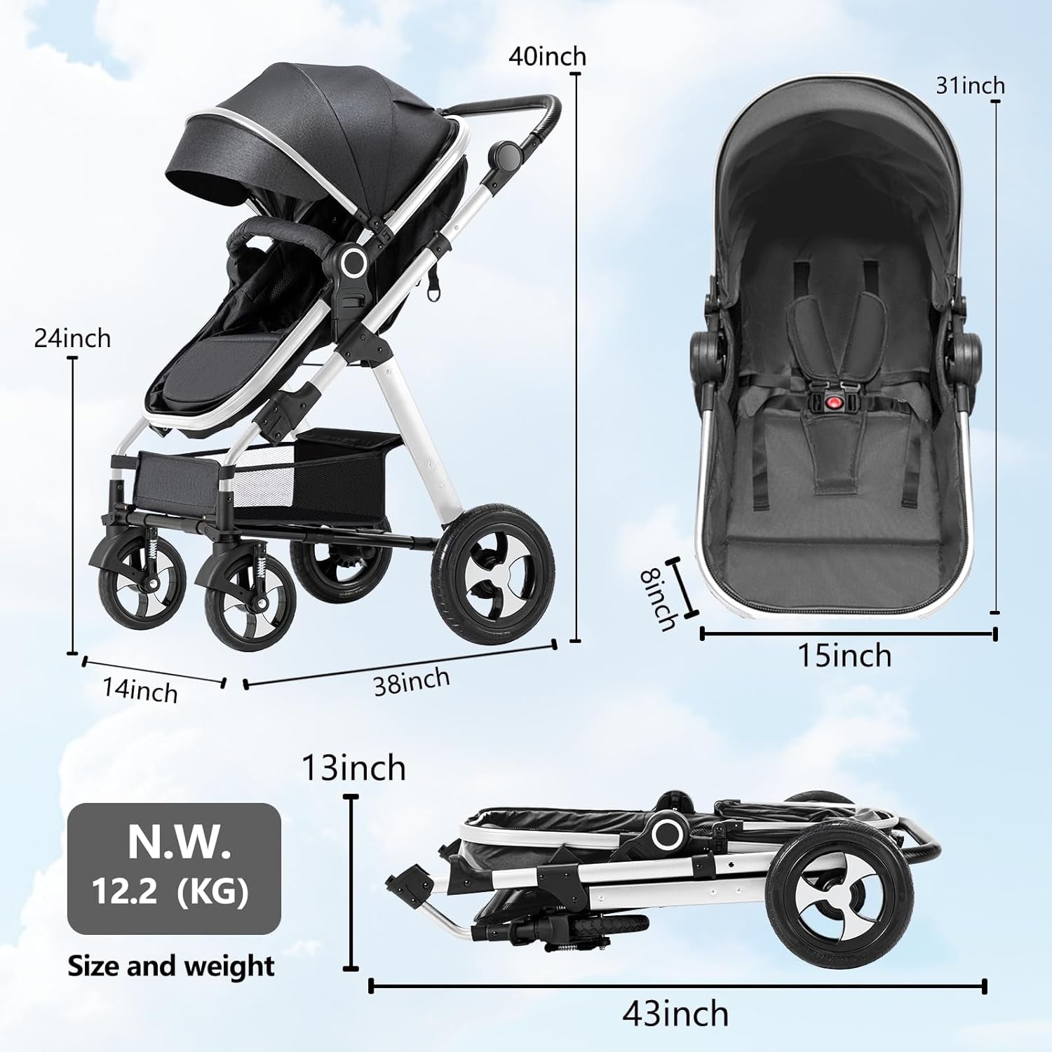 Baby Stroller for Newborn, 2 In1 High Landscape Stroller, Foldable Aluminum Alloy Pushchair with Adjustable Backrest.Adjustable Awning, Variable Seat and Recliner(Black)