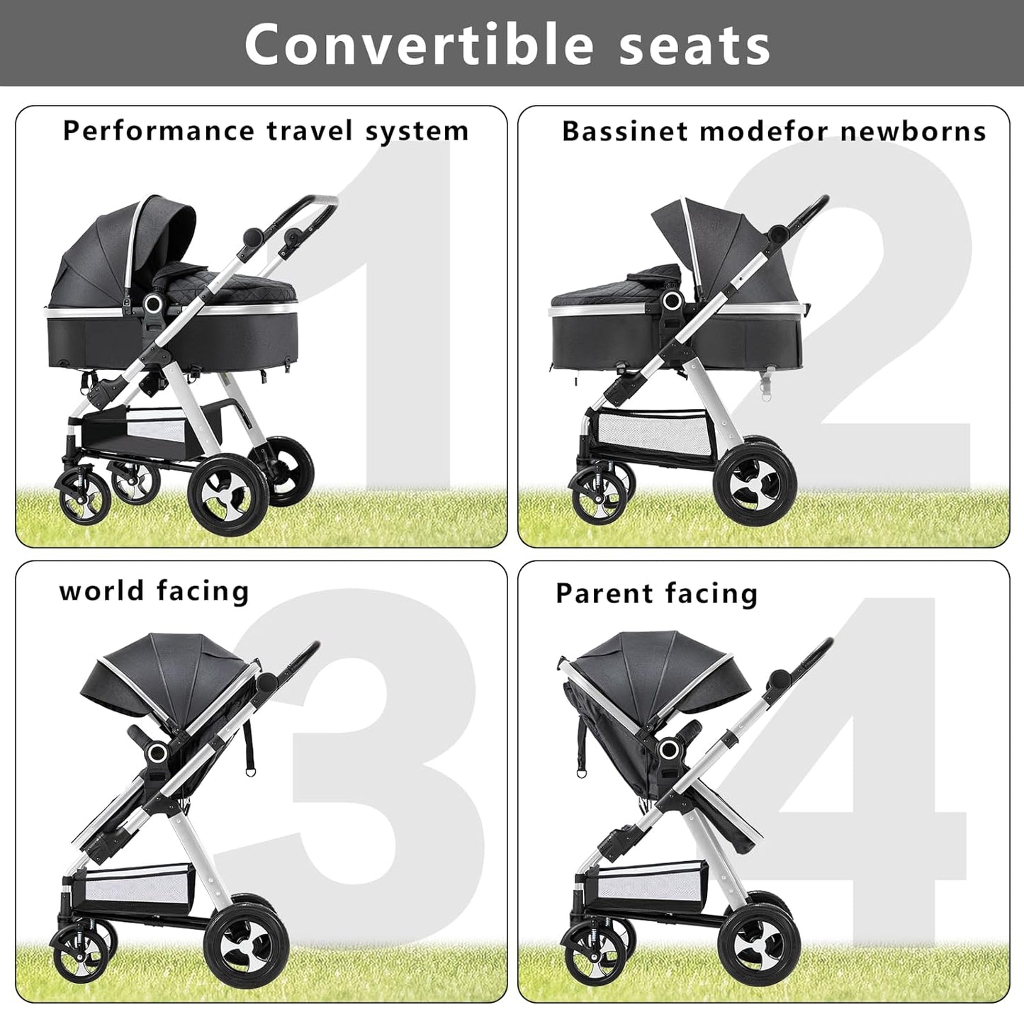 Baby Stroller for Newborn, 2 In1 High Landscape Stroller, Foldable Aluminum Alloy Pushchair with Adjustable Backrest.Adjustable Awning, Variable Seat and Recliner(Black)