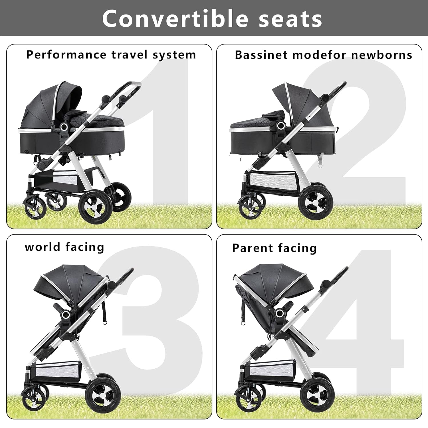 Baby Stroller for Newborn, 2 In1 High Landscape Stroller, Foldable Aluminum Alloy Pushchair with Adjustable Backrest.Adjustable Awning, Variable Seat and Recliner(Black)
