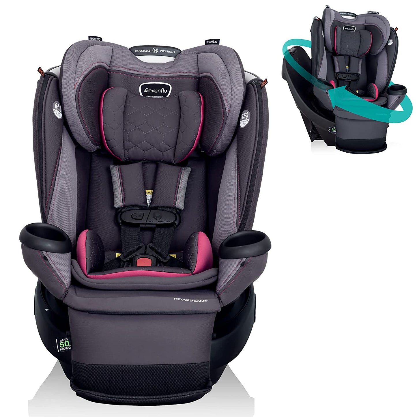 Revolve360 Extend Rotational All in 1 Convertible Car Seat, Rear Facing up to 50 Pounds with 360 Degree Rotation and 3 Modes, Rowe Pink