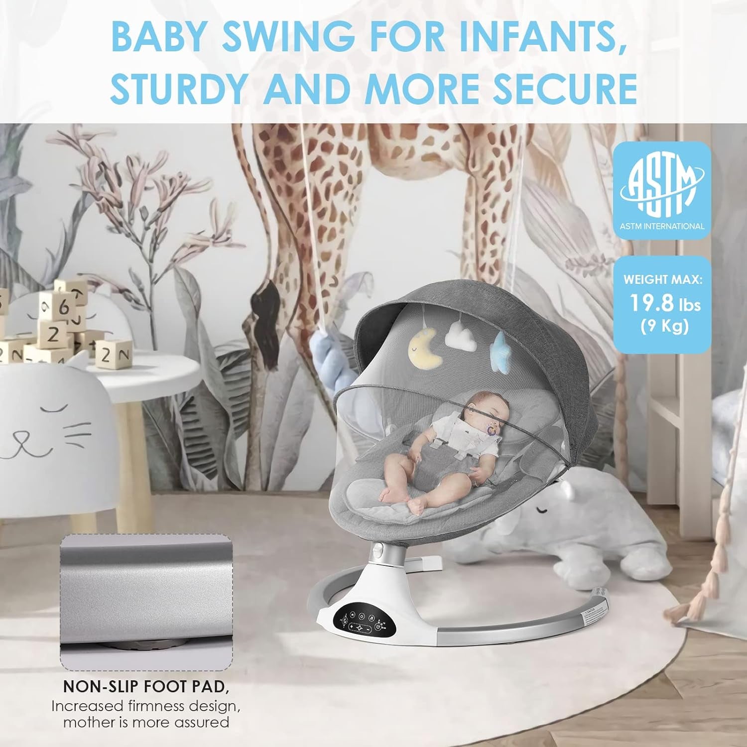Baby Swing for Infants, Baby Rocker with 5 Point Harness, Bluetooth Support, 10 Preset Lullabies and 3 Speeds with Remote Control, Infant Swing for Baby Boy Girl up to 20 Lbs, Grey