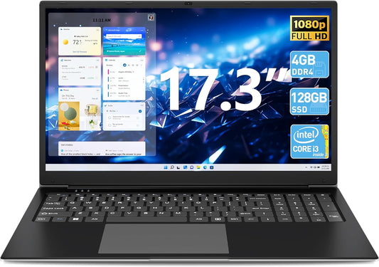 Laptops, Laptop 17 Inch, 4GB DDR4 128GB SSD Laptops Computer with Core I3 Processor (Up to 2.5 Ghz), 8000Mah, Type-C, Webcam, Mini HDMI, USB3.2 * 2, Dual Wifi(Black)