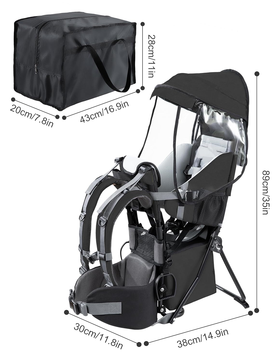 Baby Backpack Carrier, Toddler Hiking Backpack with Safety 3-Height Seat, Adjustable Straps&Waist Belt, Foldable Frame Lightweight Large Capacity Child Carrier for Hiking Black