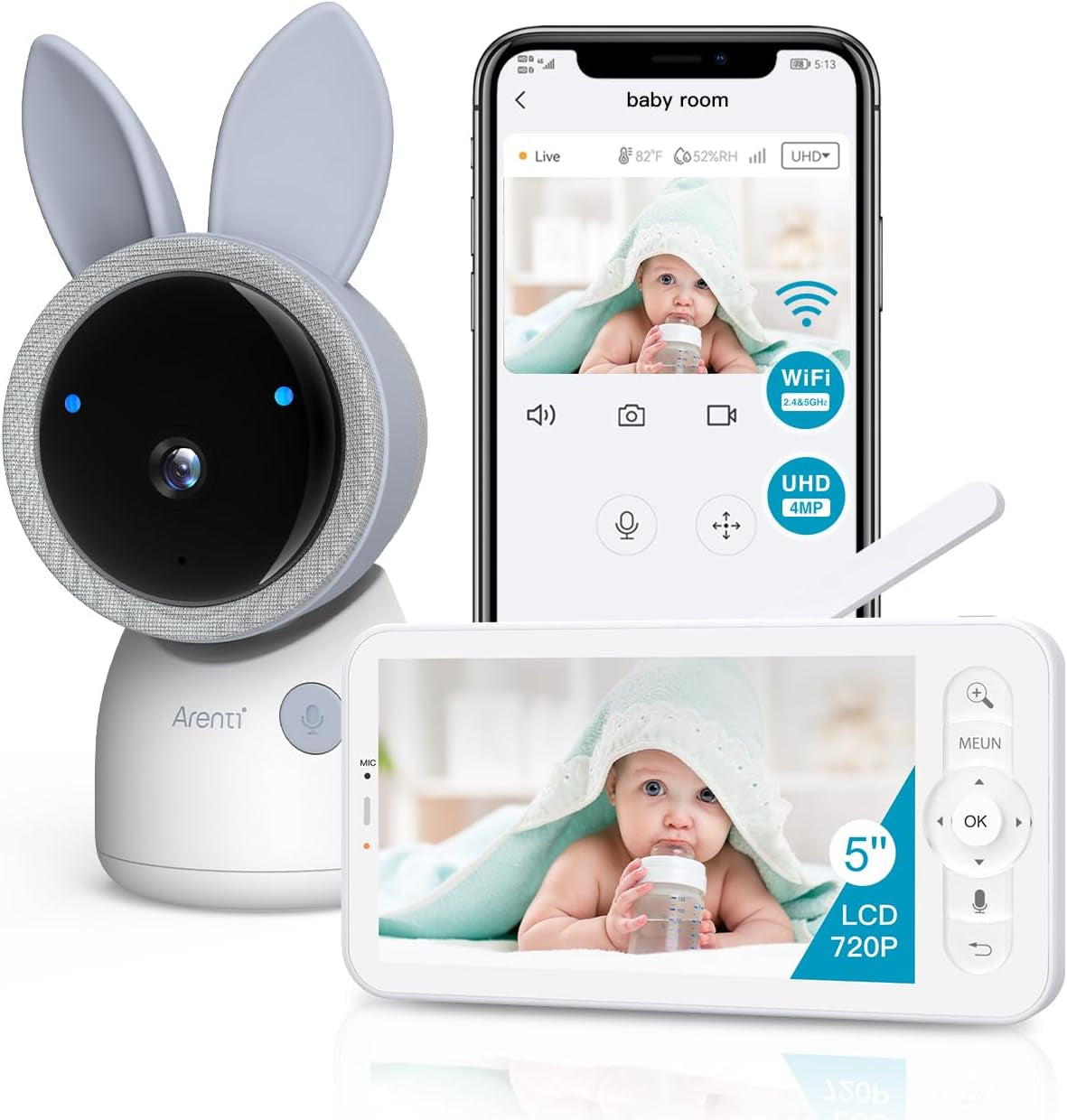 Upgraded Smart Baby Monitor,4Mp 5" HD 2.4G&5G Wifi Baby Monitor with Camera and Audio,Infrared Night Vision,Night Light, 2-Way Audio,Cry&Motion Detection,Temperature Sensor,App Control