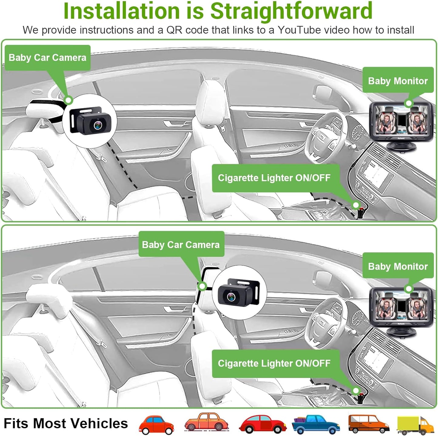 Baby Car Camera Easy Install: HD 1080P Eye Protection Clear Night Vision - Rear Facing Stability Backseat Camera with Monitor for Car Seat Travel 360° Rotation N06