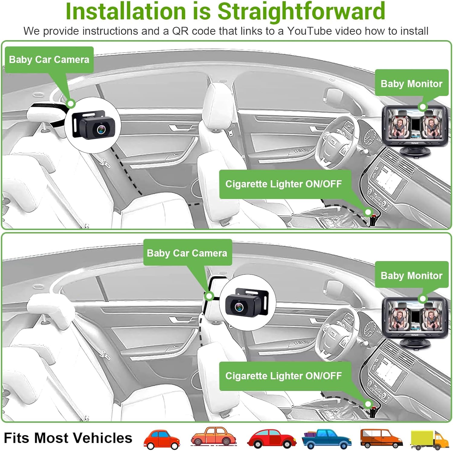 Baby Car Camera Easy Install: HD 1080P Eye Protection Clear Night Vision - Rear Facing Stability Backseat Camera with Monitor for Car Seat Travel 360° Rotation N06