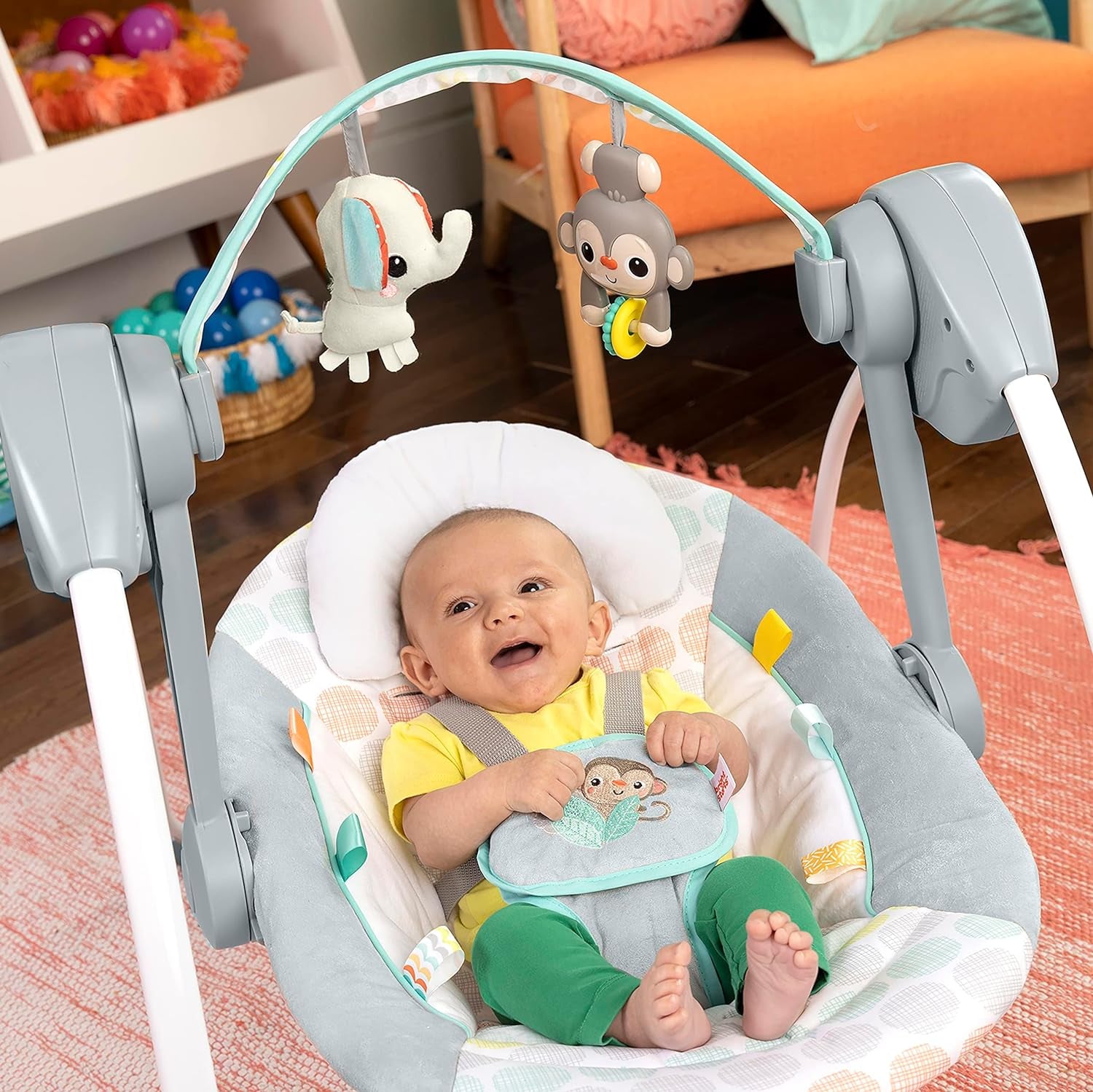 Portable Automatic 6-Speed Baby Swing with Adaptable Speed, Taggies, Music, Removable-Toy-Bar, 0-9 Months 6-20 Lbs (Whimsical Wild)