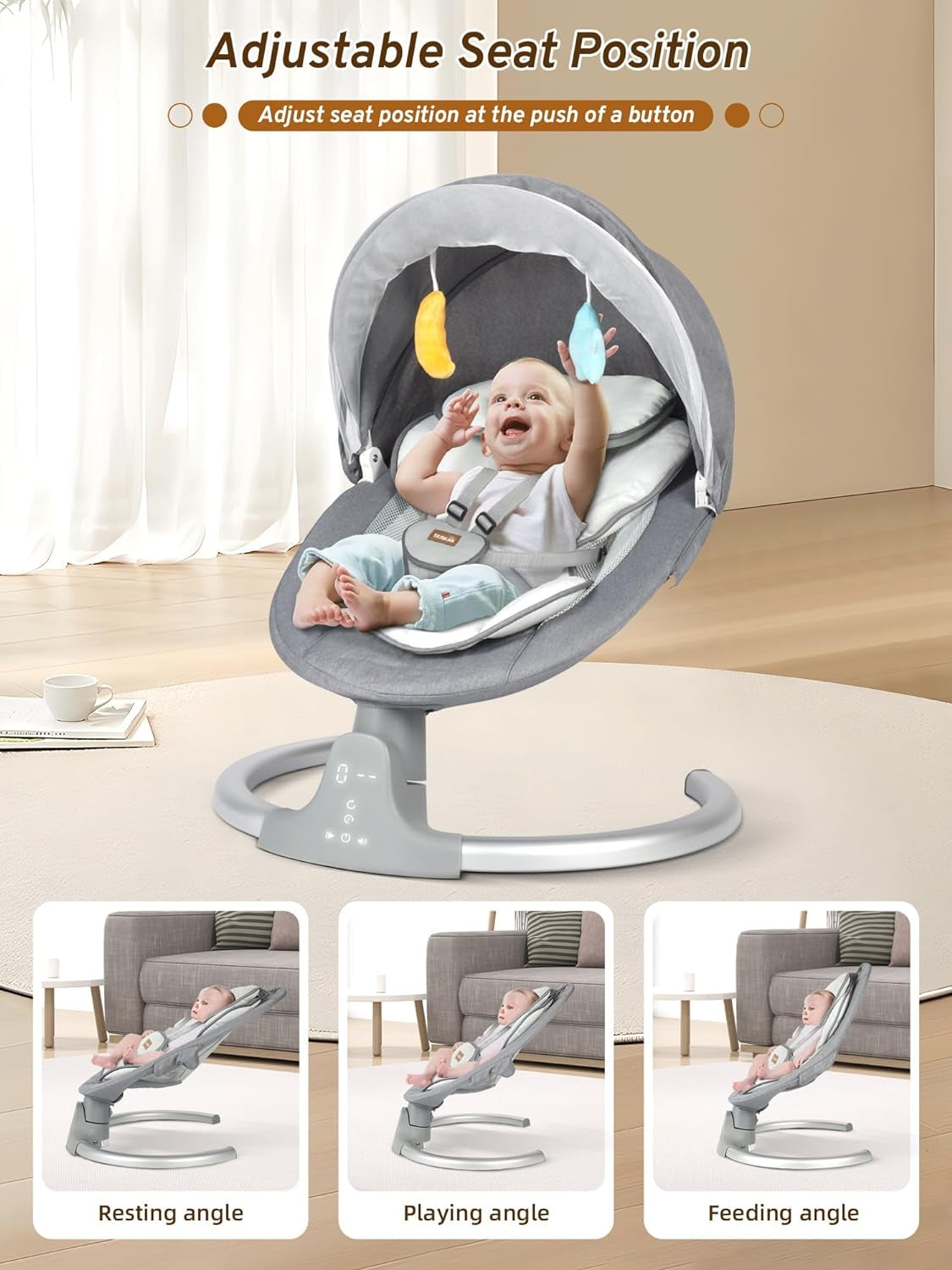 Baby Swings for Infants, Infant Swing with Lullabies, Bluetooth, 3 Seat Positions, Touch Screen & Remote Control, Outdoor Baby Rocker, Portable Swing for Baby