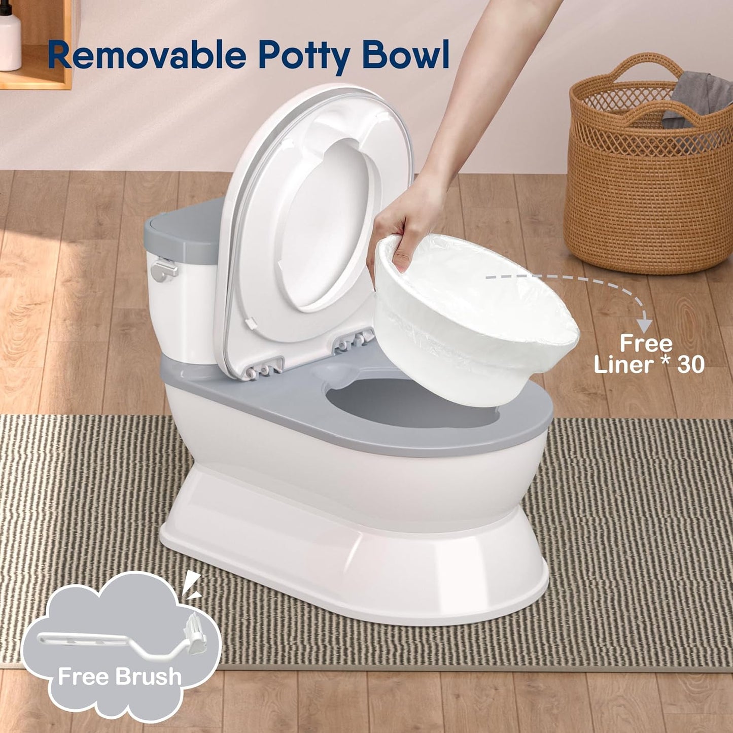 2-In-1 Toddler Potty Training Toilet - Larger Potty Chair & Detachable Training Seat for Boys & Girls Ages 1-3 with Flushing Sound, Wipes Storage, Toilet Paper Holder - Grey