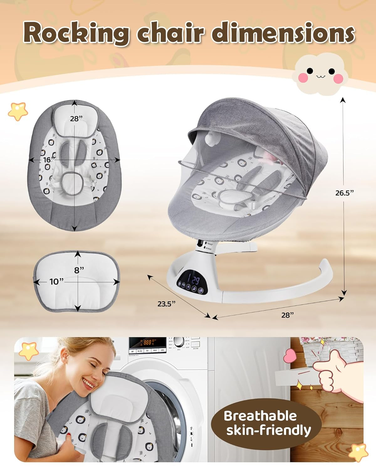 Baby Swing for Infants to Toddler Portable Babies Swing Timing Function 5 Swing Speeds Bluetooth Touch Screen Music Speaker with 10 Preset Lullabies 5-Point Carabiner Gray