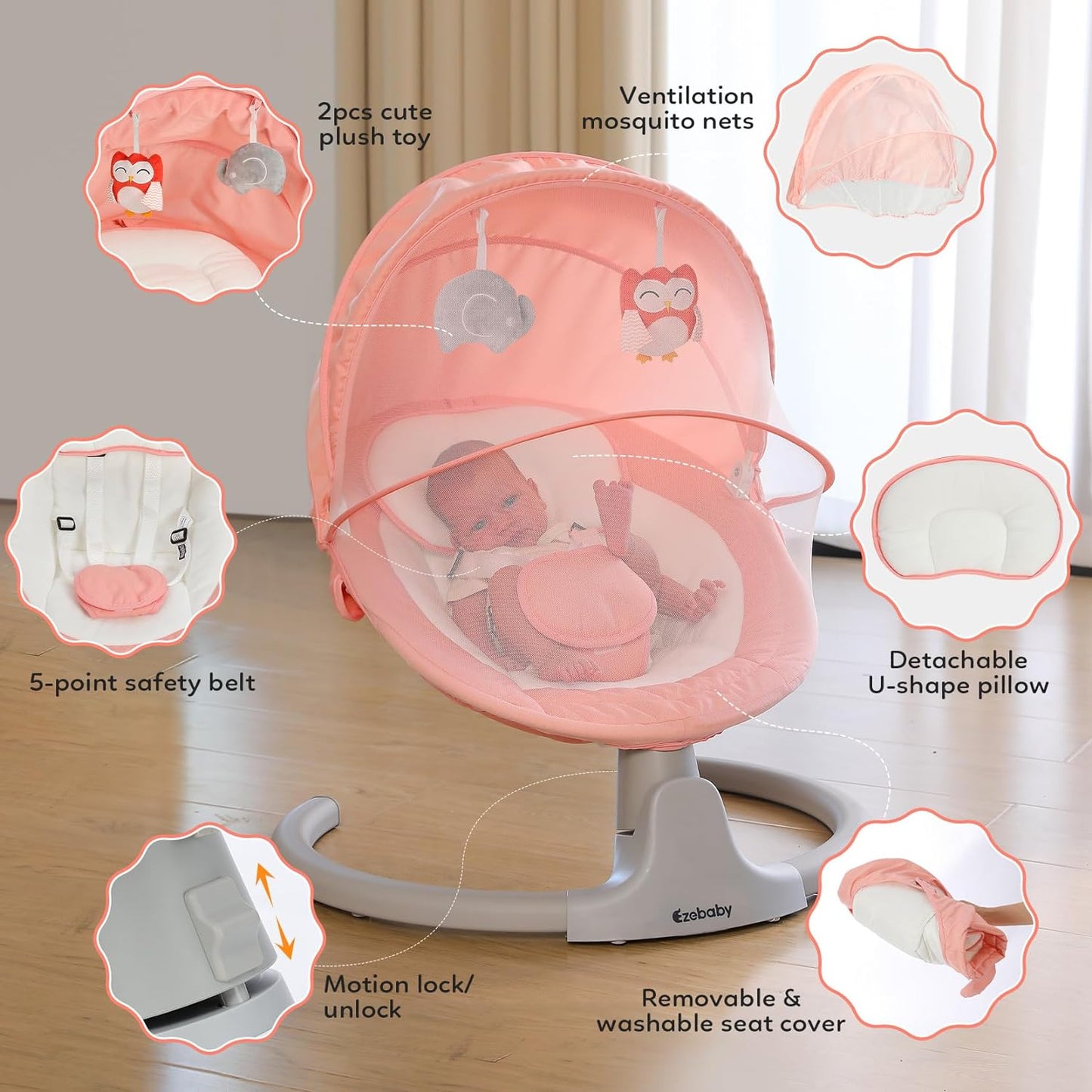 Baby Swing for Newborn Portable Infant Swings, with Remote Control, 5 Swing Amplitudes, 3 Seat Positions, 5 Point Harness Belt, Preset Lullabies -Baby Swings for Infants 0-6 Month Pink