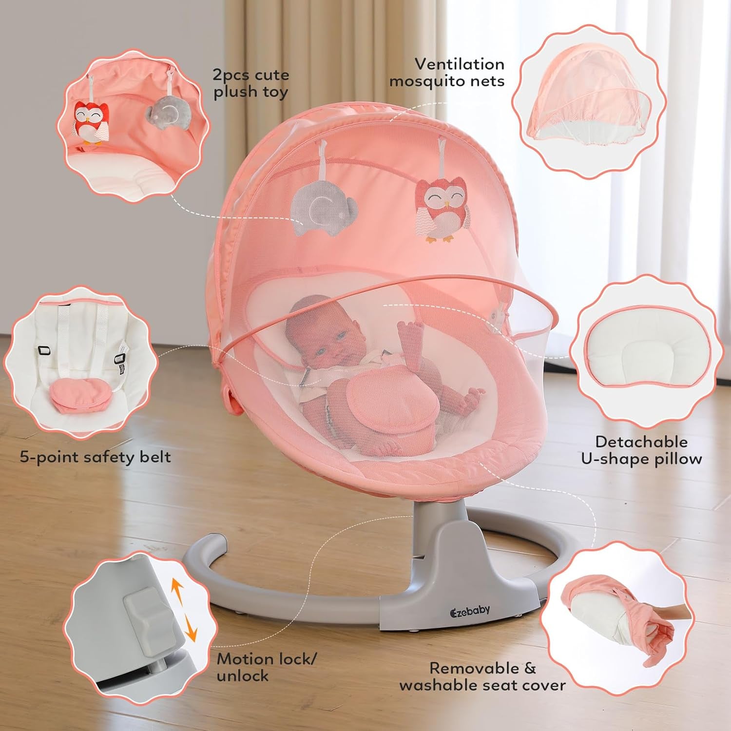 Baby Swing for Newborn Portable Infant Swings, with Remote Control, 5 Swing Amplitudes, 3 Seat Positions, 5 Point Harness Belt, Preset Lullabies -Baby Swings for Infants 0-6 Month Pink