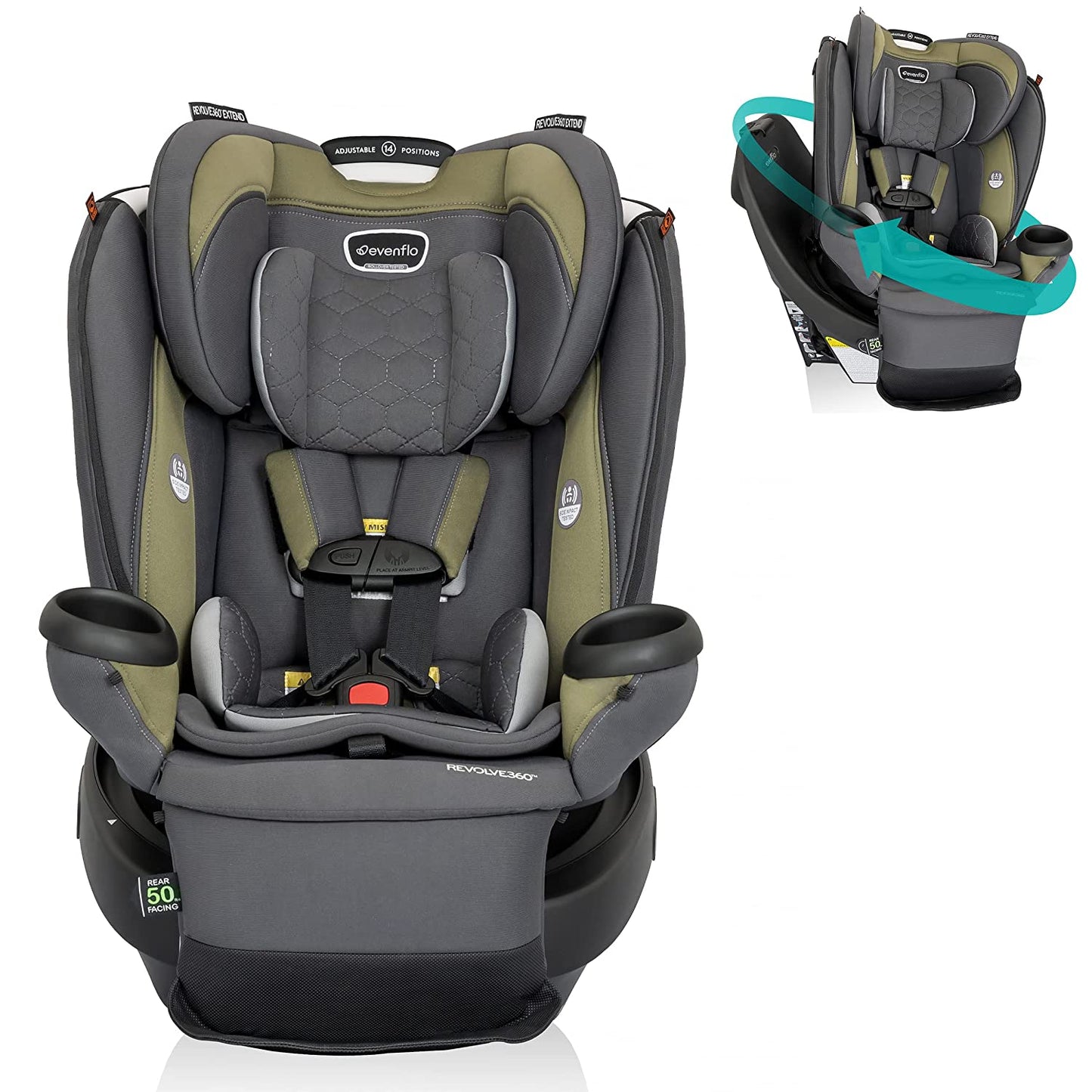 Revolve360 Extend Rotational All in 1 Convertible Car Seat, Rear Facing up to 50 Pounds with 360 Degree Rotation, Rockland Green