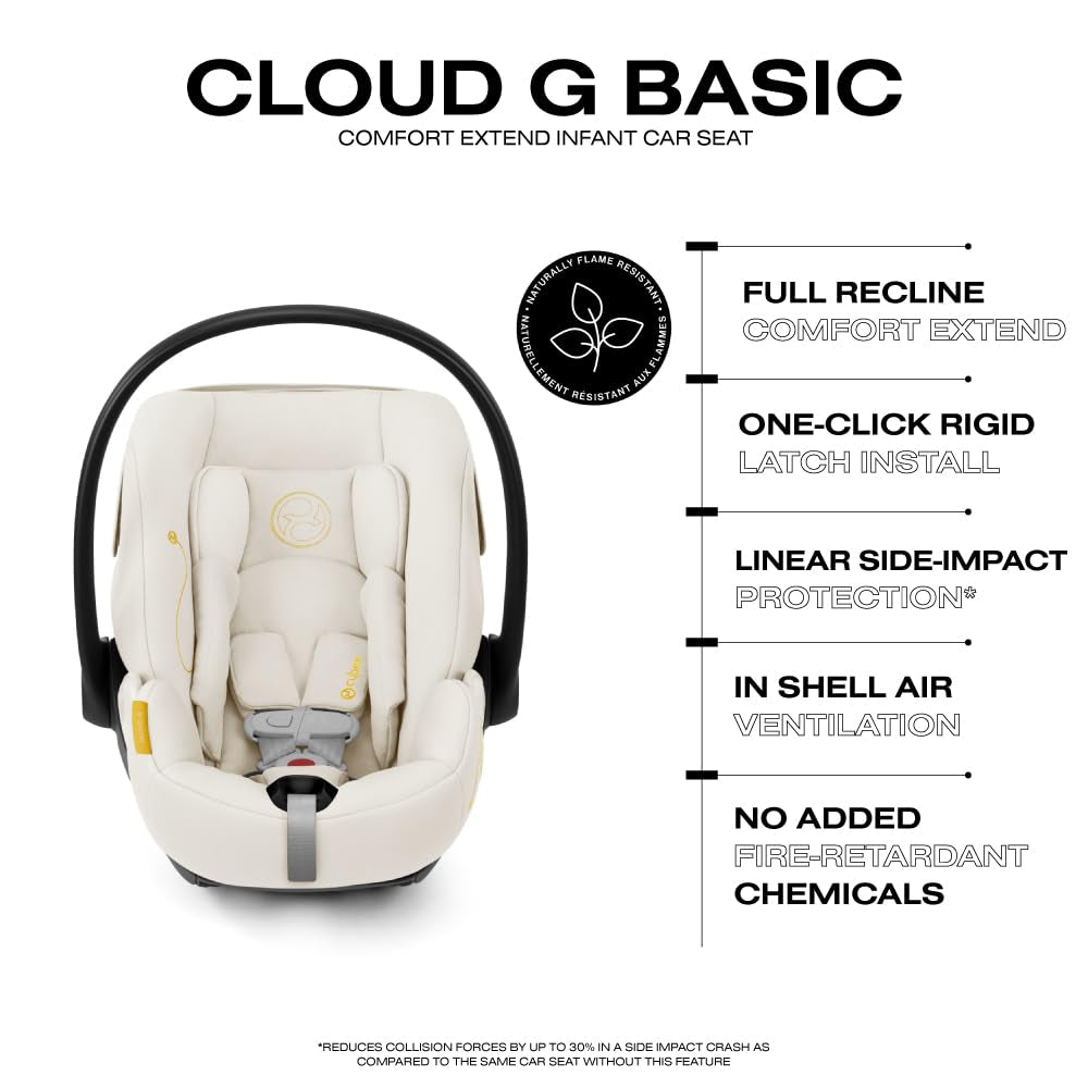 Cloud G Comfort Extend Infant Car Seat with Anti-Rebound Base, Linear Side Impact Protection, Latch Install, Ergonomic Full Recline, Extended Leg Rest, Seashell Beige