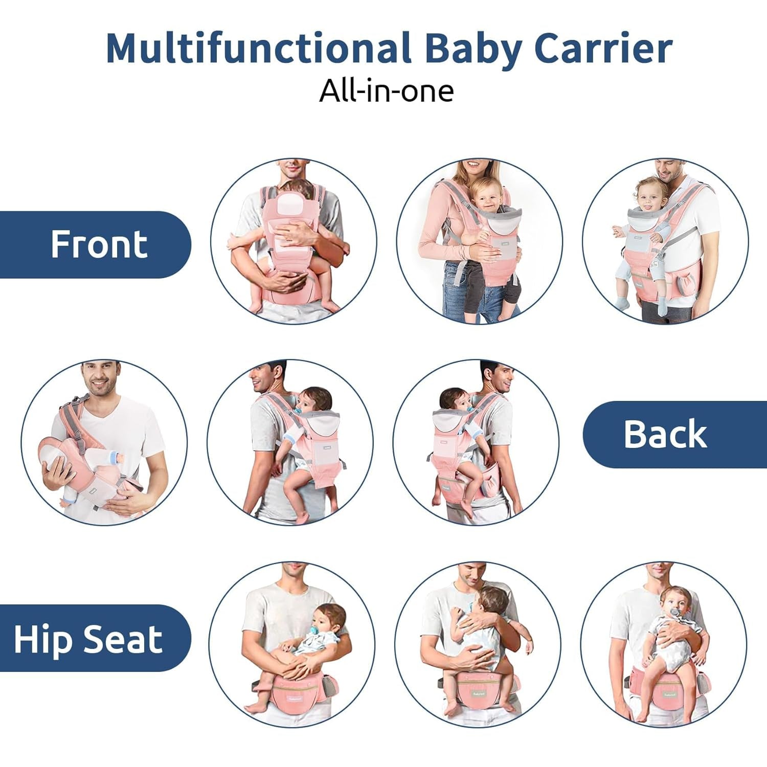 Baby Carrier with Hip Seat,Ergonomic M Position 6In1 Baby Carrier Newborn to Toddler,Head Support and Breathable Mesh Newborn Carrier,Adjustable Baby Holder Carrier for Dad&Mom-Pink