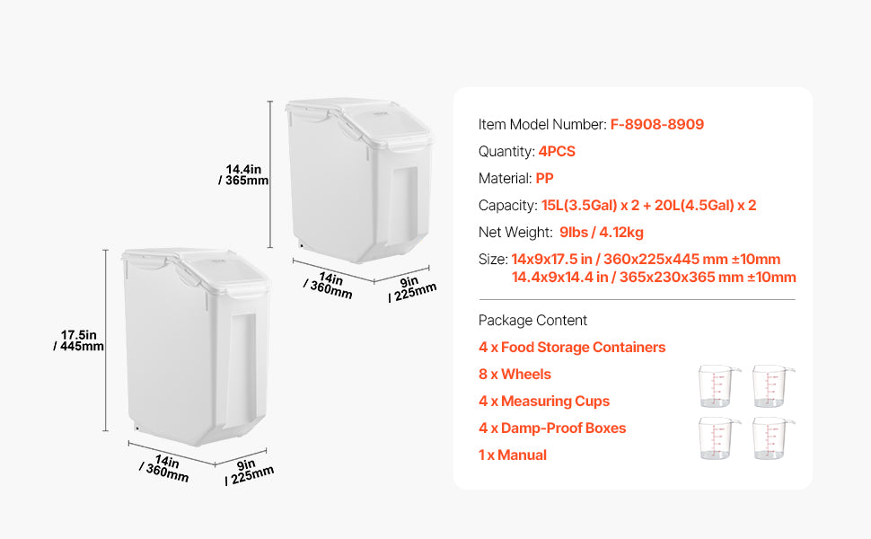VEVOR 4pcs Rice Storage Container Large Dog Food Dispenser Bin, Kitchen Ingredient Grain Cereal Bin Pet food Containers